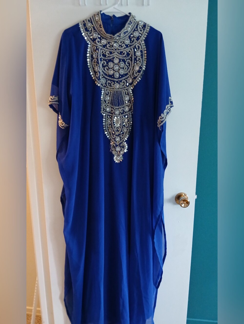 Elegant Royal Blue Women's Kaftan With Silver And Gold Beading And Rhinestones